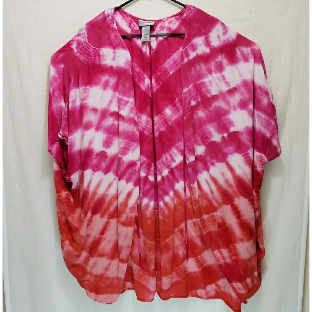 Catherines Pink Orange Tie Dye Kimono Cardigan Sz 2X/3X Open Front Rayon Slub